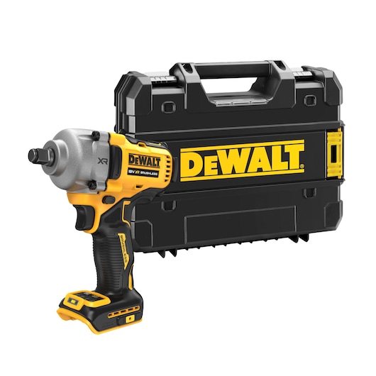 DEWALT cordless impact wrench with carrying case shown, featuring 18V XR brushless technology.
