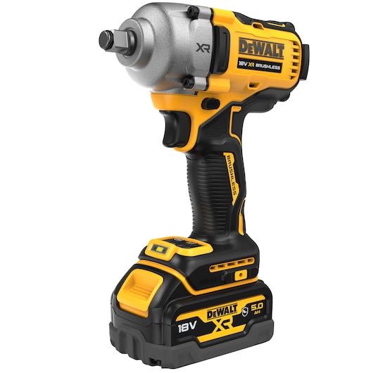 Cordless DEWALT impact wrench, 18V XR, brushless motor, black and yellow with battery pack attached.