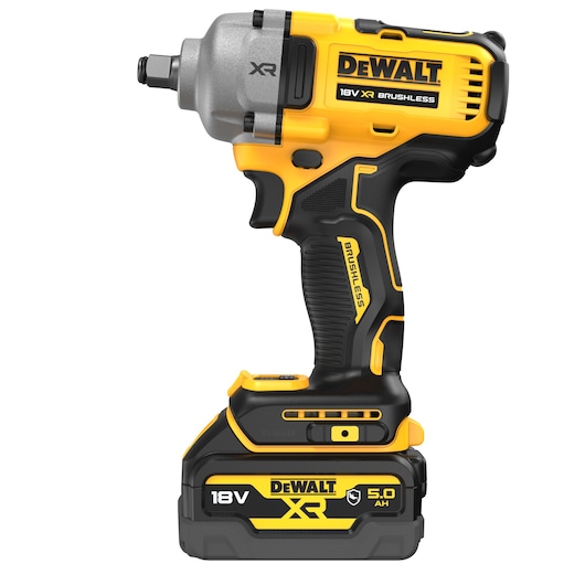 DEWALT 18V XR Brushless impact wrench with 5.0Ah battery, yellow and black, cordless power tool.