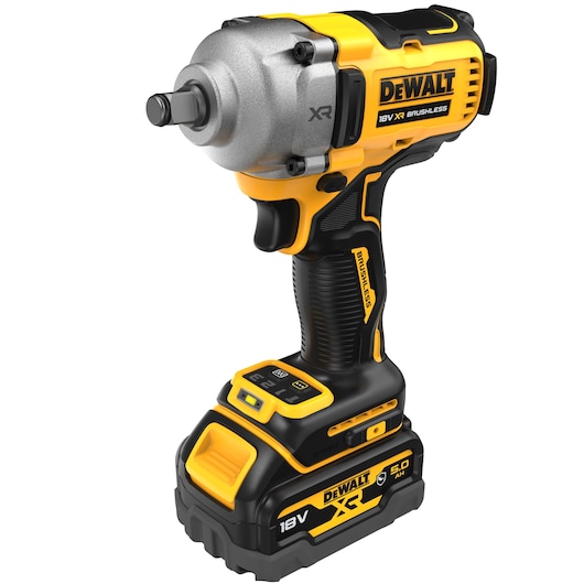 DEWALT 18V XR brushless cordless impact wrench with yellow and black design and battery pack.
