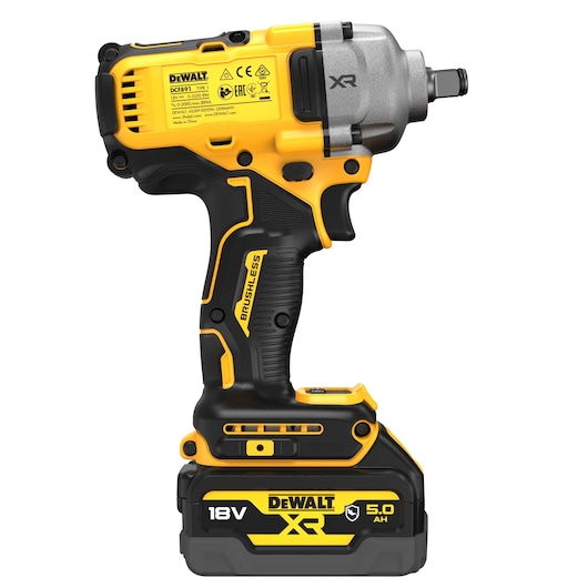 DEWALT 18V XR cordless impact wrench with brushless motor, yellow and black, battery included.