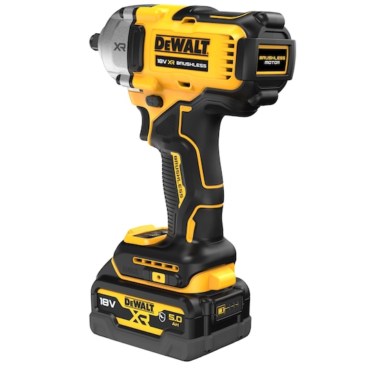DEWALT 18V XR brushless cordless impact driver with 5.0Ah battery, shown in yellow and black.
