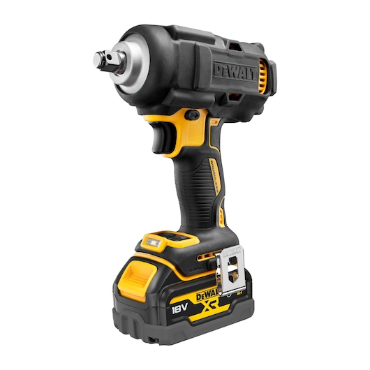 DEWALT 18V cordless impact wrench with black and yellow design and ergonomic grip.