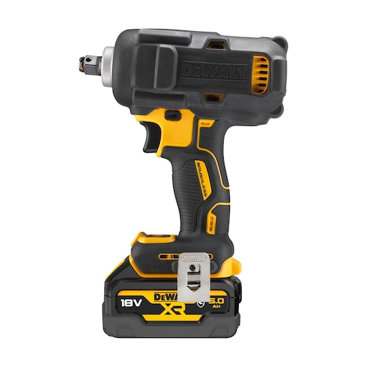 DEWALT 18V cordless impact wrench with brushless motor and 5.0Ah battery, shown in black and yellow.