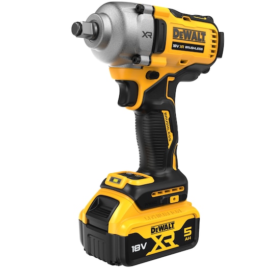 DEWALT 18V XR cordless impact wrench with 5Ah battery, black and yellow, brushless design.