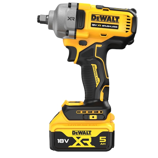 DEWALT 18V XR brushless impact wrench with 5Ah battery, yellow and black, product on white background.