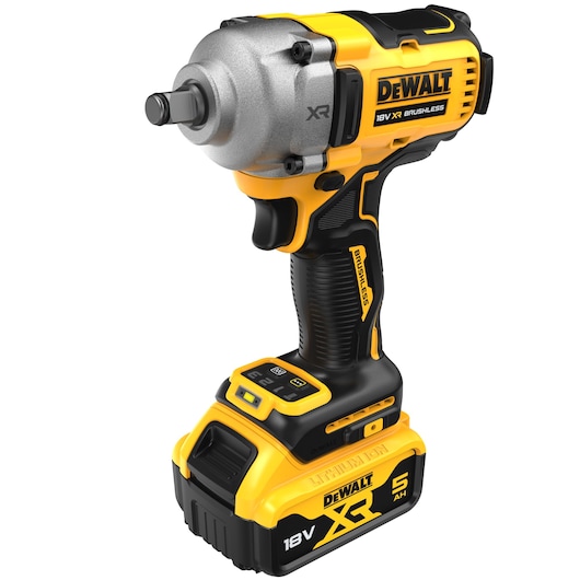 DEWALT 18V XR brushless cordless impact wrench with battery, in yellow and black.