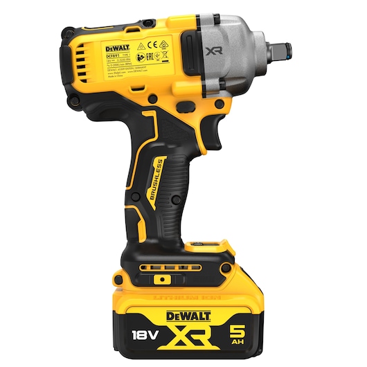 DEWALT DCF891P2T cordless impact wrench, yellow and black, 18V XR 5Ah lithium-ion battery.