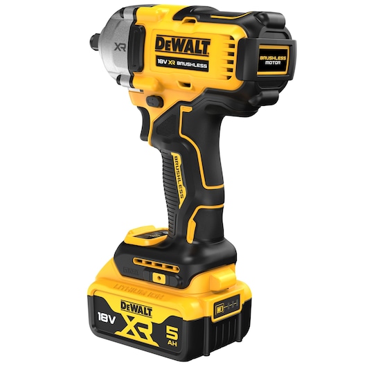 DEWALT 18V XR brushless impact driver with 5Ah lithium-ion battery, yellow and black, cordless design.