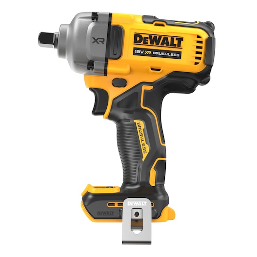 DEWALT 18V XR Brushless impact wrench, yellow and black, side view with belt clip.