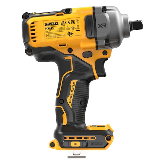 DEWALT DCF892NT cordless brushless impact wrench in yellow and black, side view with label details visible.