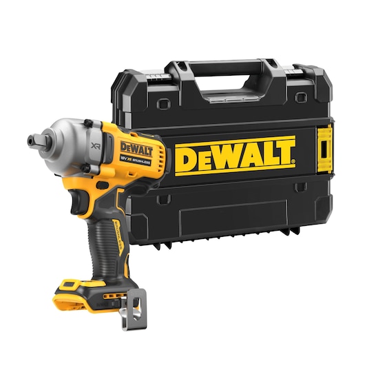 DEWALT 18V XR brushless impact wrench with black case shown on a white background.