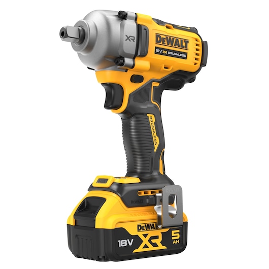 DEWALT 18V XR cordless impact wrench with brushless motor and 5Ah battery, shown in black and yellow.