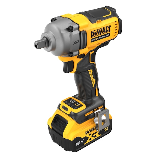 DEWALT 18V XR cordless impact wrench with brushless motor, shown with battery and metal clip.