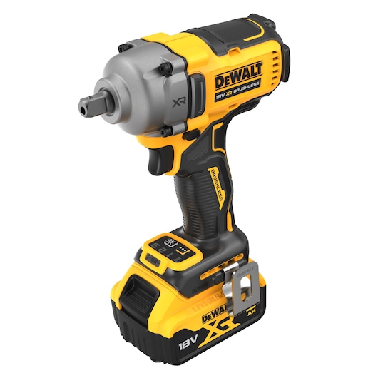 DEWALT 18V XR cordless impact wrench with brushless motor, yellow and black design, for heavy-duty use.
