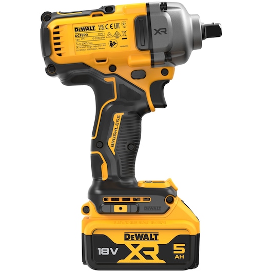 DEWALT 18V XR cordless impact wrench with 5Ah battery, yellow and black, side view.