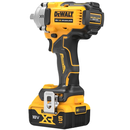 DEWALT 18V XR brushless impact wrench with 5Ah battery, black and yellow, shown standing upright.