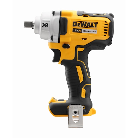 A DEWALT 18V XR brushless cordless impact wrench, shown in yellow and black with a metal belt clip attached, photographed against a plain white background.