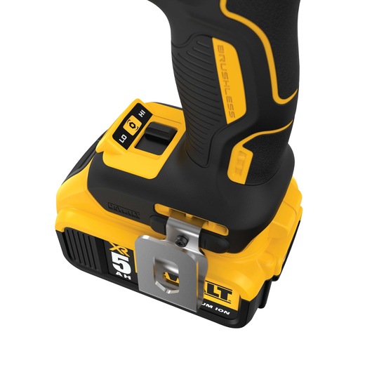 Close-up of a DEWALT cordless tool handle with 5AH battery, speed switch, and belt clip attachment.