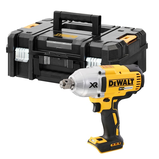 DEWALT cordless impact wrench and black hard carrying case shown together.