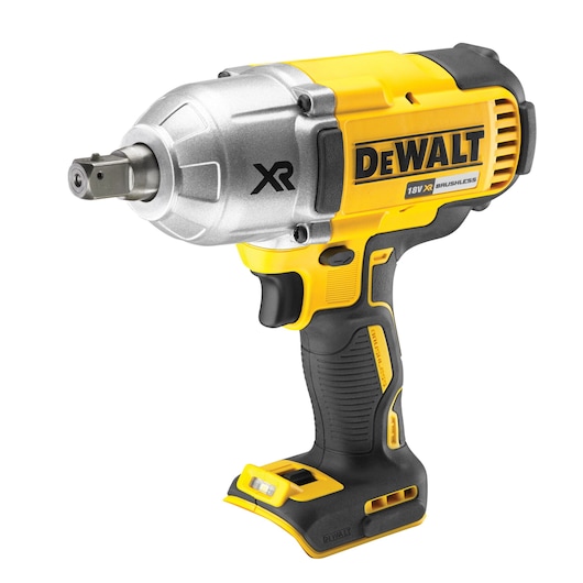 DEWALT 18V XR cordless impact wrench with brushless motor, yellow and black design.