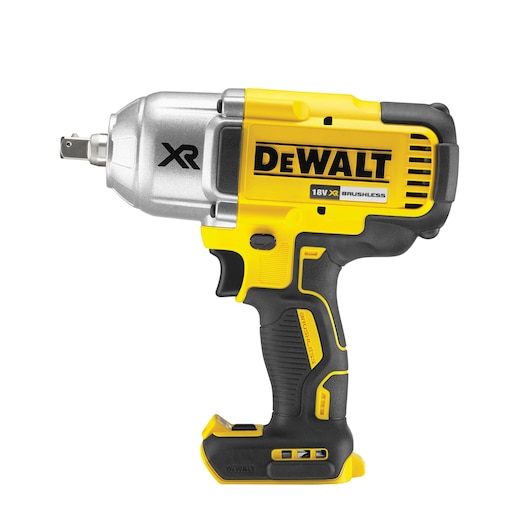 DEWALT 18V XR brushless impact wrench in yellow and black, no battery attached, side view.