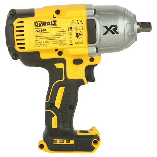 Yellow and black DEWALT DCF899NT cordless impact wrench with XR logo, side view, no battery attached.