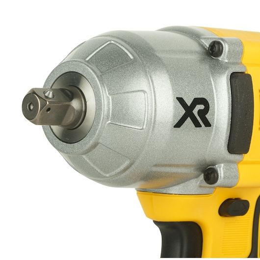 Close-up of a DEWALT XR cordless impact wrench in yellow and silver color with black grip handle.