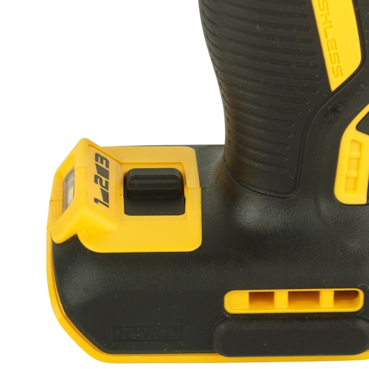 Close-up of DEWALT tool handle with speed selector switch marked 1, 2, 3 in yellow and black.