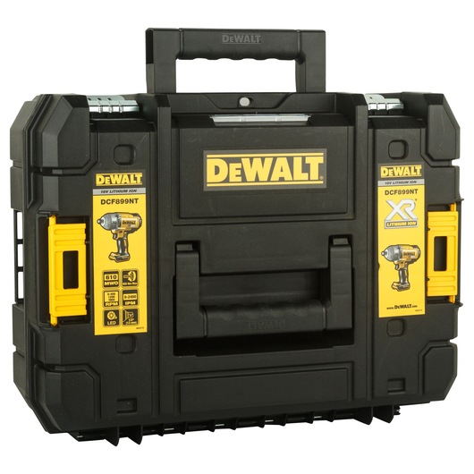 Black DEWALT tool case with yellow labels for DCF899NT impact wrench, sturdy handle and reinforced corners.