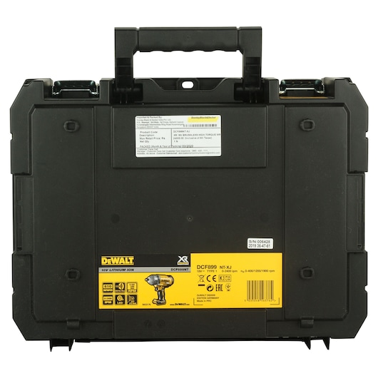 Black DEWALT tool case with handle, product label for DCF899NT impact wrench and specifications on the front.