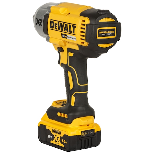 DEWALT cordless impact wrench with 18V XR lithium battery and brushless motor, shown upright.