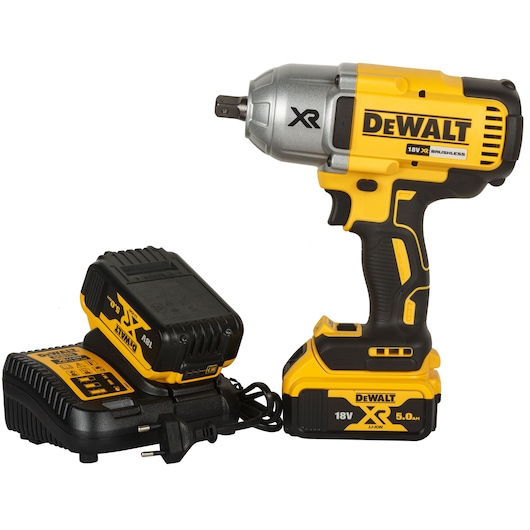 DEWALT cordless impact wrench with battery and charger, 18V XR model for professional use.