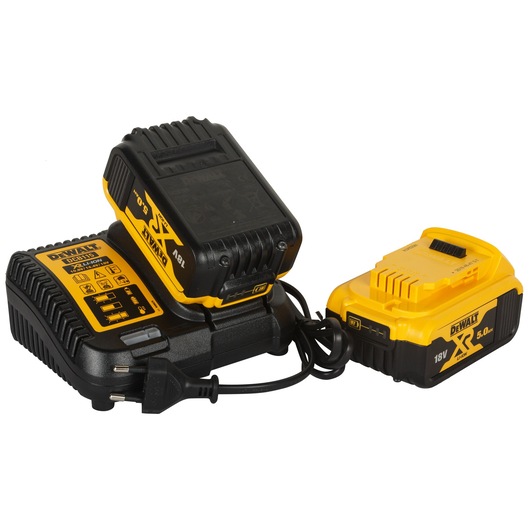 DEWALT battery charger with two 18V XR Lithium-Ion batteries, black and yellow, shown connected with a power cord.