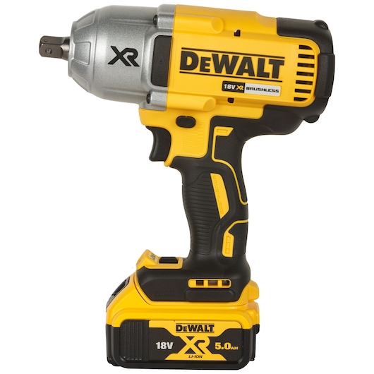 DEWALT 18V XR cordless impact wrench with 5.0Ah battery, yellow and black, brushless model.