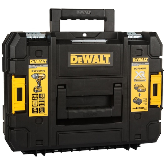 Black DEWALT tool case with yellow labels, model DCF899P2, featuring product details and sturdy handle.