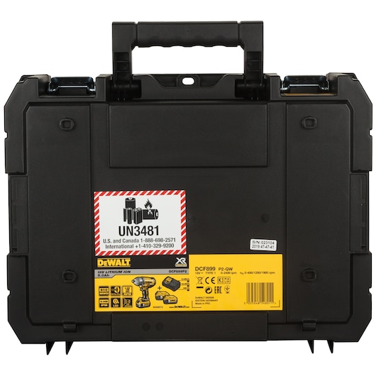 Black DEWALT tool case with handle, warning labels, and product details for DCF899P2-QW on the front.