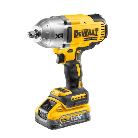DEWALT 18V XR cordless impact wrench with brushless motor, shown with POWERSTACK battery attached. The tool is yellow and black, featuring ergonomic grip and branded DEWALT logo.
