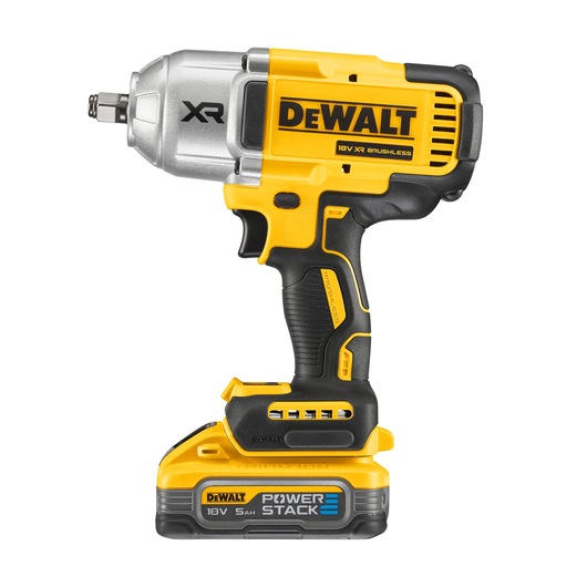 A DEWALT 18V XR cordless impact wrench with brushless motor and POWERSTACK 5Ah battery, shown in yellow and black with silver metallic front.