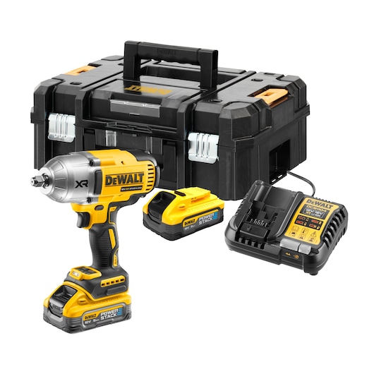 DEWALT impact wrench kit with tool box, two batteries, and charger.