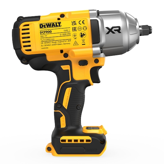 DEWALT impact wrench DCF900NT-XJ, DCF900NT. Photography product category. Yellow and black cordless tool.