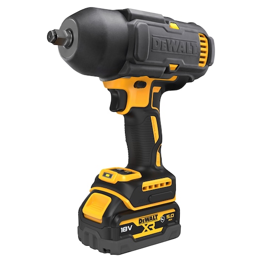 DEWALT DCF900P2G cordless impact wrench with 18V battery, black and yellow, shown on a white background.