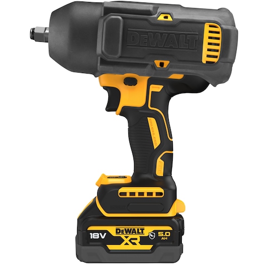 DEWALT 18V XR cordless impact wrench with 5.0Ah battery, black and yellow design, side view.