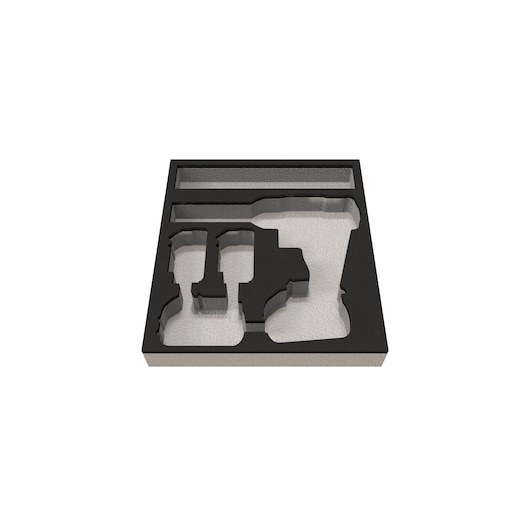 Black foam insert tray with cutouts for storing DEWALT tools and accessories, viewed from above.