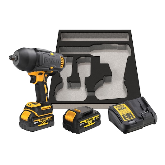 DEWALT impact wrench kit with two batteries, charger, and foam insert for organized storage.