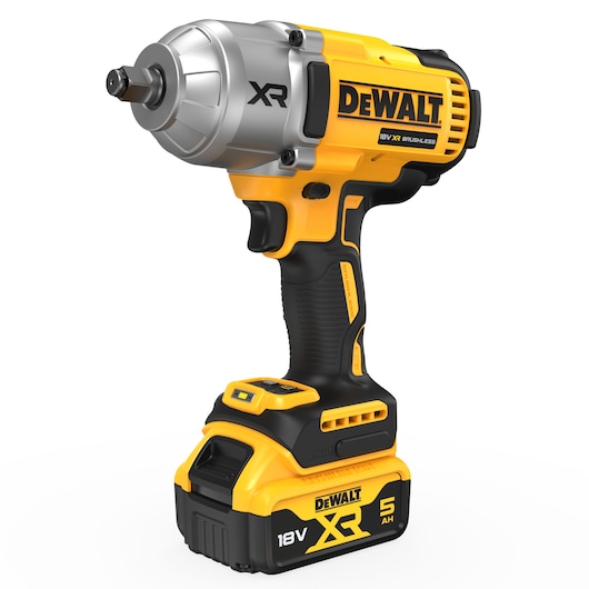 DEWALT DCF900P2T 18V cordless impact wrench with XR brushless motor and 5Ah battery.