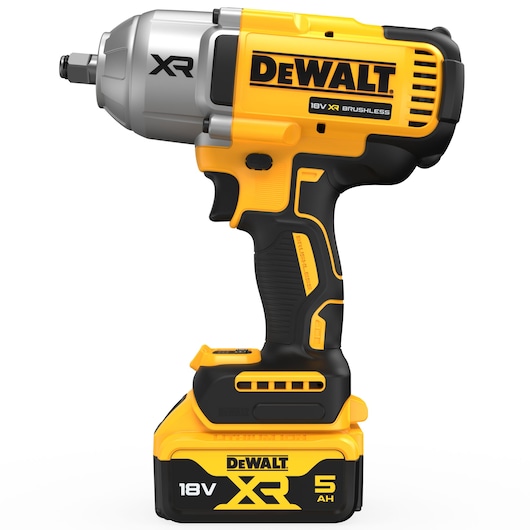 DEWALT 18V XR brushless impact wrench with 5Ah battery, yellow and black, side view on white.
