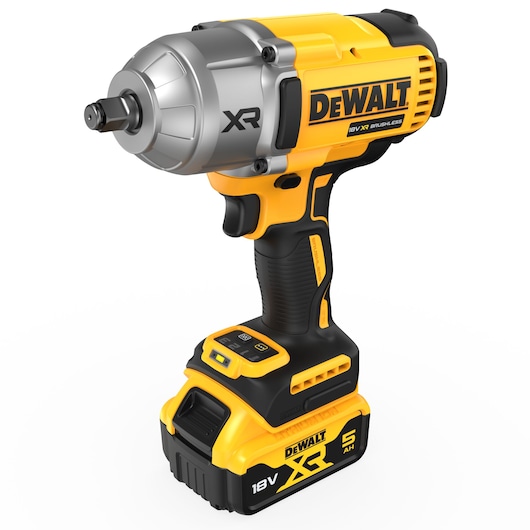 DEWALT 18V XR Brushless impact wrench with 5Ah battery pack, shown on a white background.