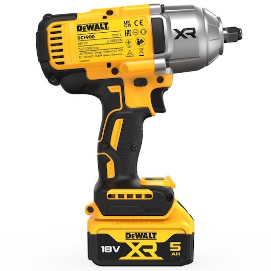 DEWALT DCF900P2T 18V XR cordless impact wrench with 5Ah battery, yellow and black, side view.