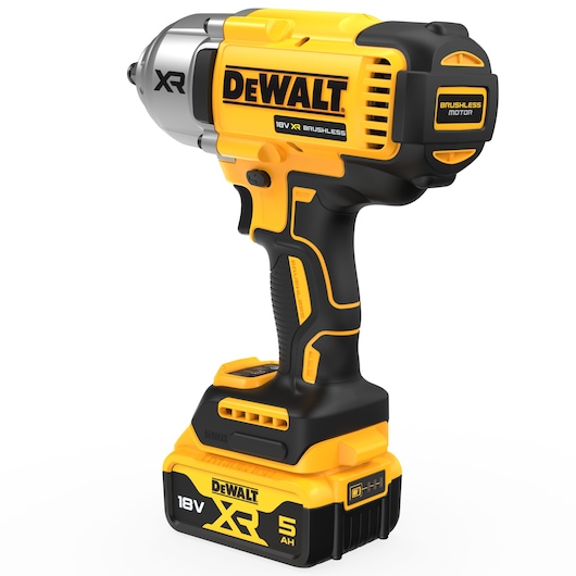 DEWALT cordless impact wrench, 18V XR model, yellow and black, with 5Ah battery and brushless motor.